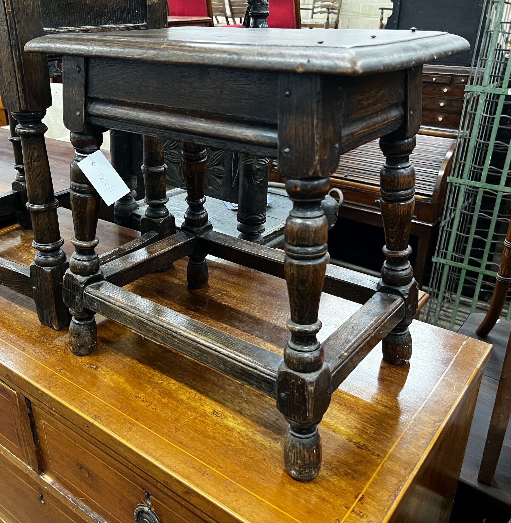 A 17th century style rectangular oak joint stool, length 45cm, depth 29cm, height 46cm